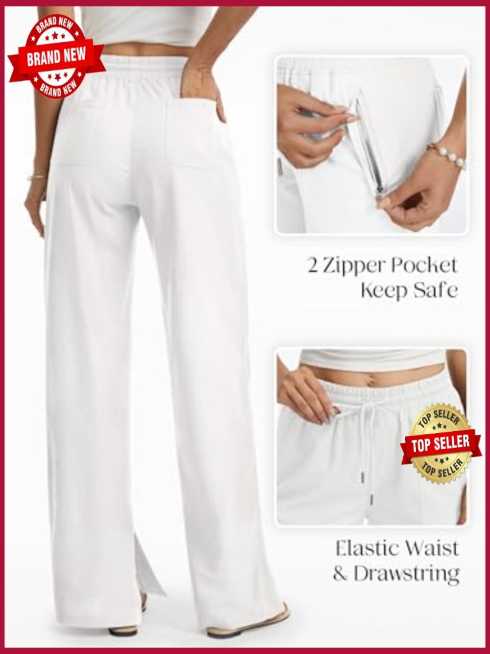 Linen Pants Wide Leg Side Slit Palazzo 32/34/36 Inseam Pockets - Picture 5 of 7